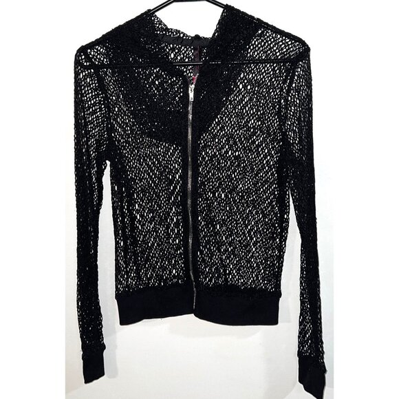 7 Til Midnight Black See-Through Knit Zipper Mesh Sweater with Hood For Women S - Picture 1 of 3
